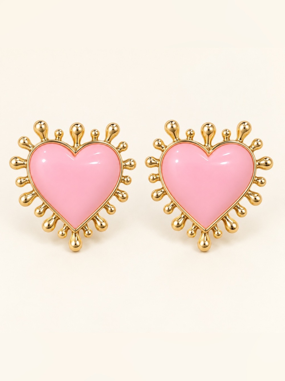 Pink Heart Gold-Tone Sunburst Statement Earrings